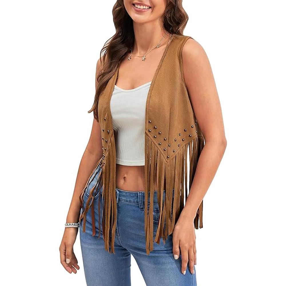 トップス LEATHER SUEDE NATIVE VEST L Kiluex Women Tasseled Suede Vest Sleeveless Open Front